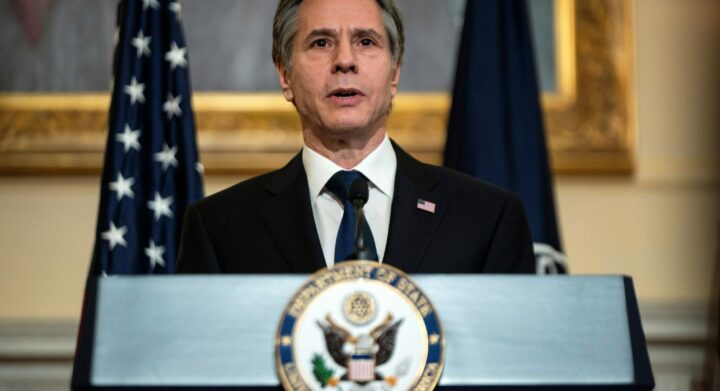 Blinken delivers a speech at the State Department on the priorities of the Biden administration.