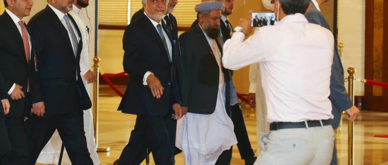 Chairman of the High Council for National Reconciliation Abdullah Abdullah arrives for an intra-Afghan talks in Doha, Qatar