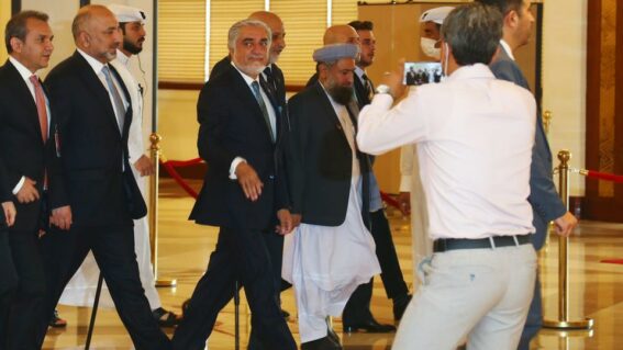 Chairman of the High Council for National Reconciliation Abdullah Abdullah arrives for an intra-Afghan talks in Doha, Qatar